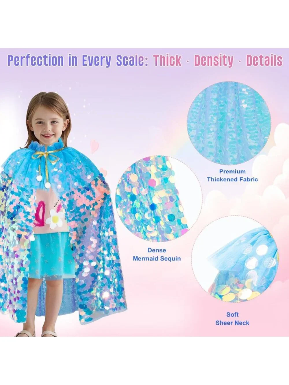 Mermaid Princess Dress Up Cape with Crown Costume Set for Girls Ages 3-8- Blue